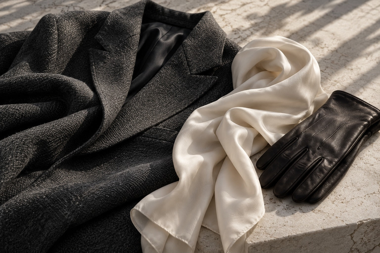 Cream fabric and charcoal tailoring arranged on pale stone