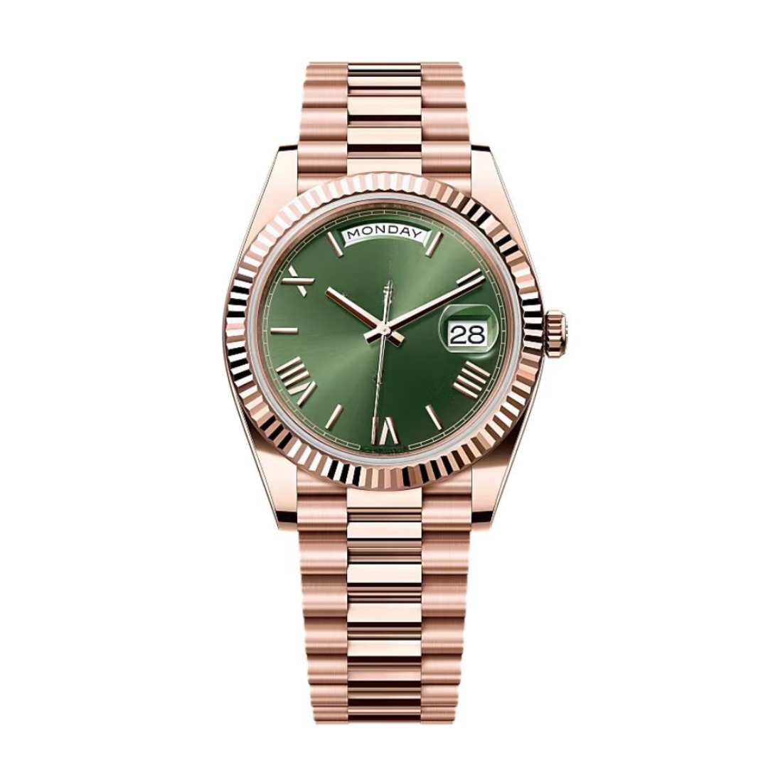 Executive Calendar 40 – Green Sunburst Dial | Rose Gold Tone President Bracelet