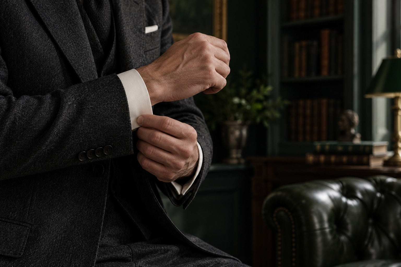 An editorial detail of charcoal tailoring and an ivory shirt cuff