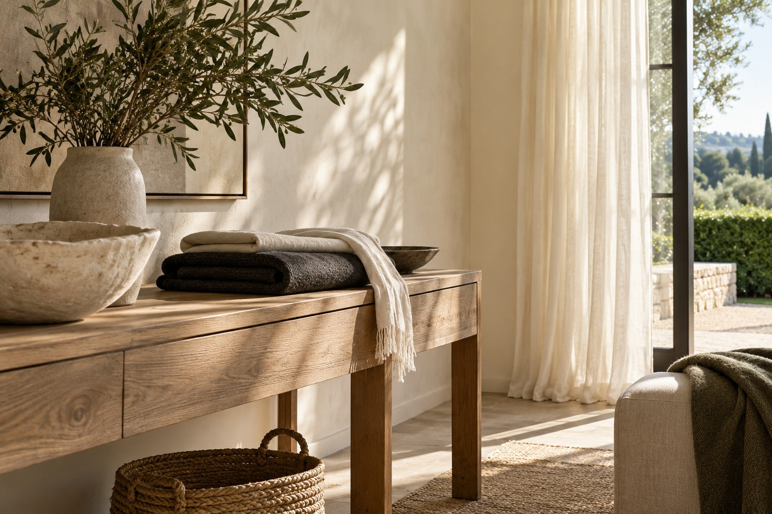 Soft daylight across natural materials in a quiet interior